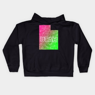 Colorful mandala art map of Utah with text in pink and green Kids Hoodie